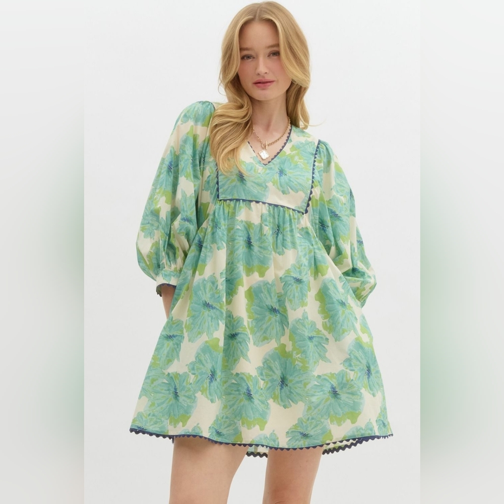 Anthropologie Entro Green White Floral Babydoll Dress Sz M Coastal Cowgirl Chic - Picture 2 of 15